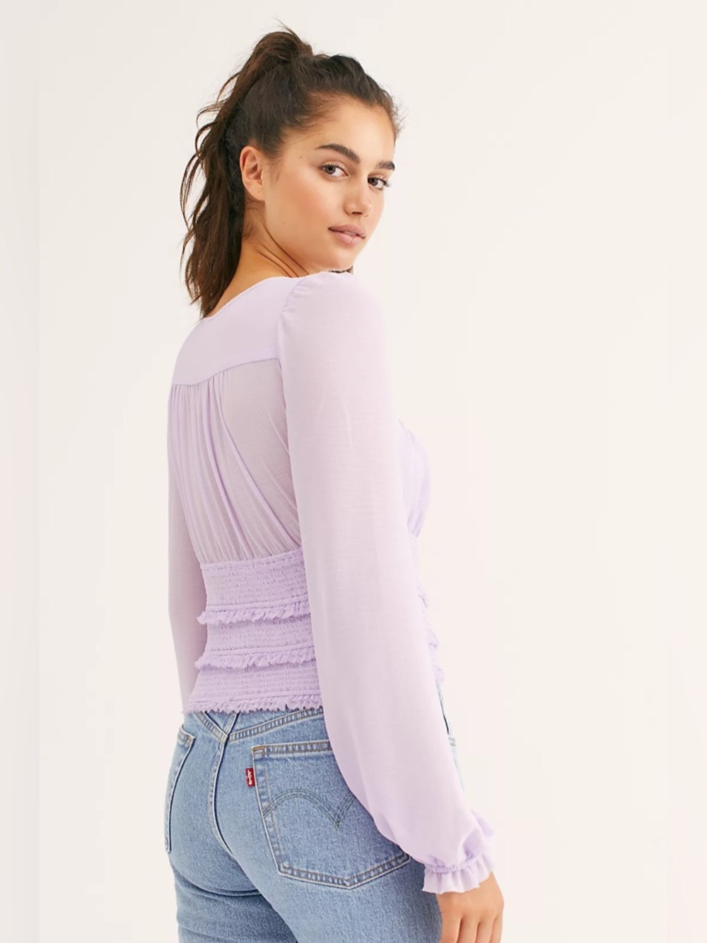 Free People Lolita Top Lavender Sz Medium Boho Sheer Smocked Festival Feminine - Picture 3 of 12